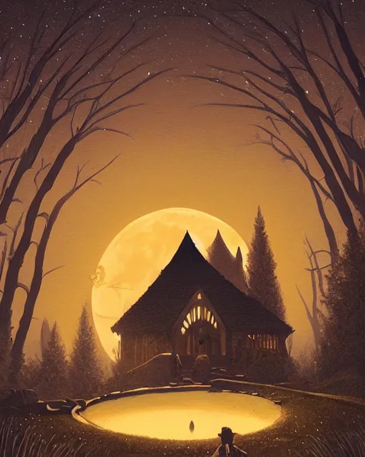 Image similar to beautiful painting of a serene moon at night over a elven house, art by mike winkelmann, sky night, illustration, highly detailed, simple, smooth and clean vector curves, no jagged lines, vector art, smooth, artstation