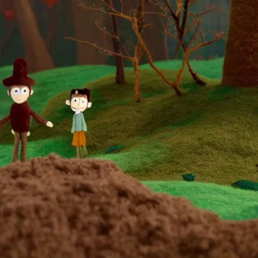 Image similar to Over the Garden Wall, greg and wirt are lost in the forest, scene made of felt and wool, claymation