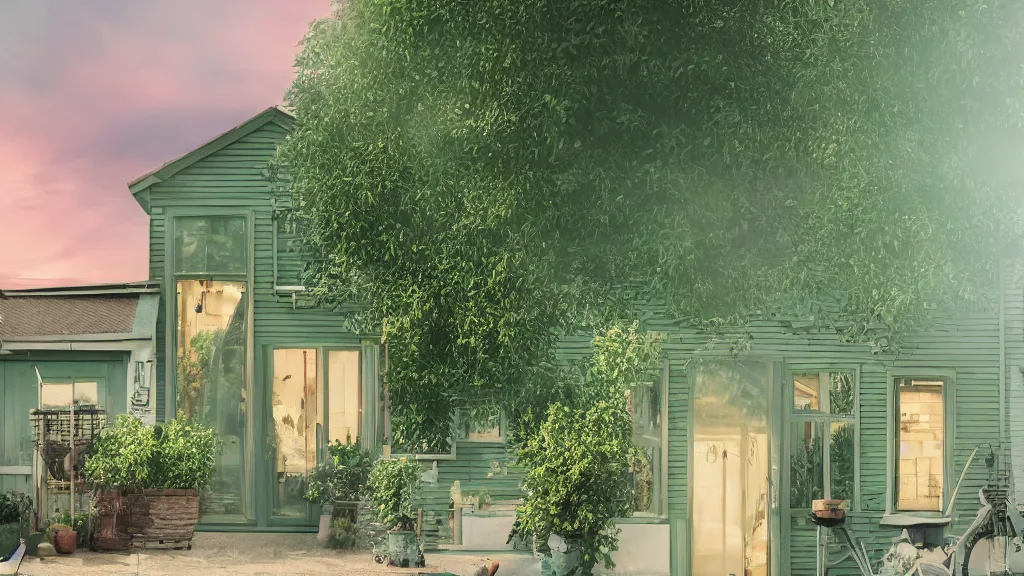 Image similar to ! dream a couple, green house, quiet street, sunset lighting, rim light, hyper realistic, 1 0 5 mm, cinematic frame