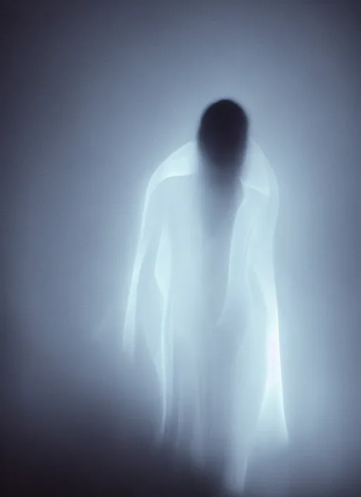Image similar to a dark female silhouette, glowing translucent aura, fog, film grain