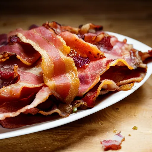 Prompt: an enormous pile of bacon, michellin star, award winning dish, food photography