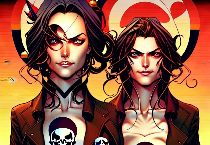 Image similar to artgerm, joshua middleton comic cover art, pretty pirate phoebe tonkin smiling, full body, symmetrical eyes, symmetrical face, long curly black hair, on a pirate ship background, warm colors