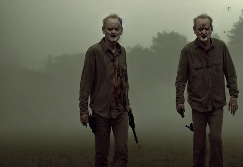 Prompt: cinematic movie still from the walking dead of bill murray as a zombie walking slowly toward the camera, misty dusk lighting, muted colours, cinematic lighting, ruined buildings,