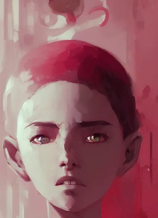 Image similar to highly detailed portrait of a ghost likely girl with neon red eyes, short white hair by atey ghailan, by greg rutkowski, by greg tocchini, by james gilleard, by joe fenton, by kaethe butcher, gradient pink, black, red, cream and white color scheme, trending in pinterest, award winning details
