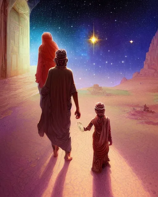 Image similar to bedouin man and woman and child in galaxy walking towards mosque surrounded by nebula, highly detailed, gold filigree, romantic storybook fantasy, soft cinematic lighting, award, disney concept art watercolor illustration by mandy jurgens and alphonse mucha and alena aenami, pastel color palette, featured on artstation