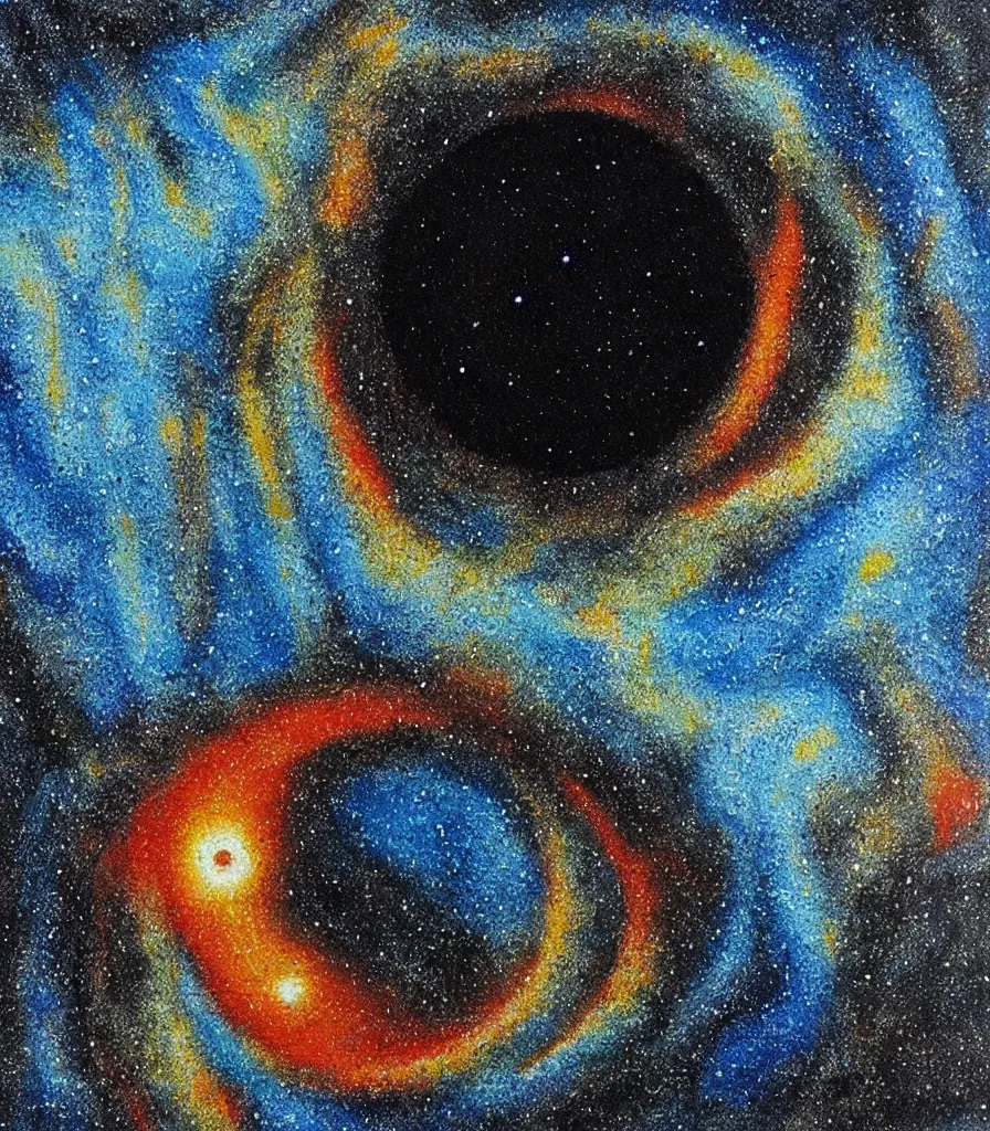 Image similar to a painting of a black hole surounded by nebular, impasto oil painting, pointilism