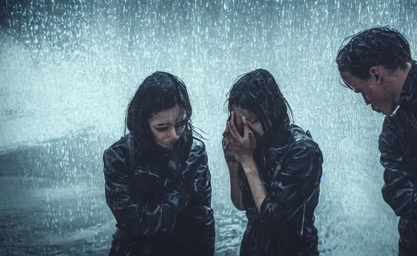 Prompt: cinestill 5 0 d candid photographic portrait by steven spielberg of two loving female androids sobbing wearing rugged black mesh techwear in treacherous waters, flooded city, medium closeup, retrofuturism cyberpunk moody emotional cinematic, pouring iridescent rain bright spotlight helicopter, 8 k, hd, high resolution, 3 5 mm, f / 3 2, ultra realistic faces, ex machina