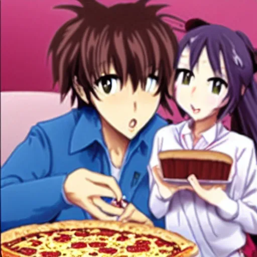 Image similar to kagami sumika from Muv-Luv eating a pizza with George Lucas