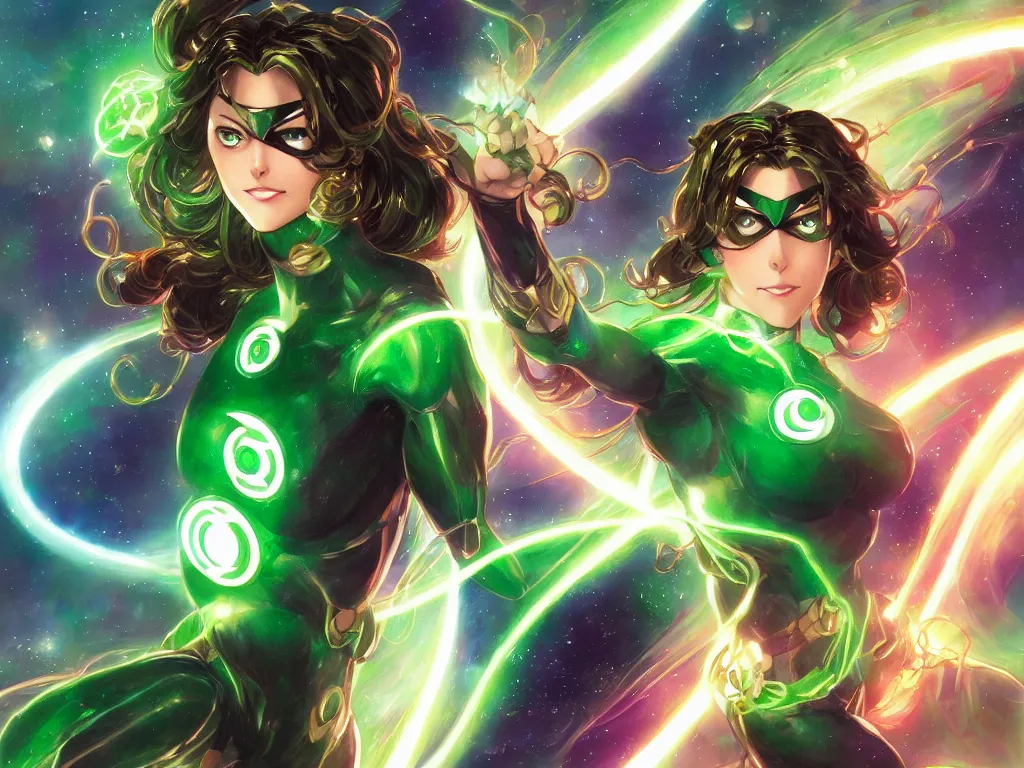 Image similar to anime key visual of one beautiful female green lantern, dc comics, power, hope, glowing, intricate, in space, stunning, highly detailed, digital painting, artstation, smooth, hard focus, illustration, art by artgerm and greg rutkowski and alphonse mucha