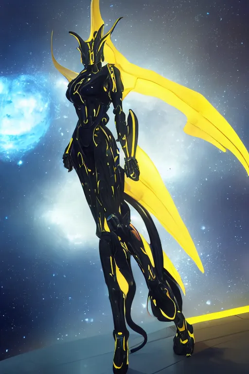 Prompt: galactic hyperdetailed elegant beautiful stunning giantess anthropomorphic mecha sexy hot female dragon goddess, streamlined spines, flat metal antenna, sleek yellow eyes, smooth black skin, smooth yellow armor, bigger than galaxy, epic proportions, epic scale, epic size, warframe destiny fanart, furry, dragon art, goddess, giantess, furaffinity, octane render