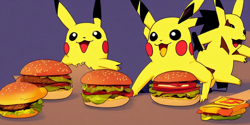 Prompt: Pikachu eating a hamburger, digital art, highly detailed, trending on artstation, 4k uhd, epic composition