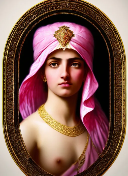 Image similar to stunning arabian godess princess, detailed pink and white protea head peace against a black backdrop by ivan aivazovsky, 3 / 4 view portrait, wlop, super sharp details, photorealism, canon 5 d, 5 0 mm lens, stunning photoshot, beautiful soft lighting, muted colours, artstation