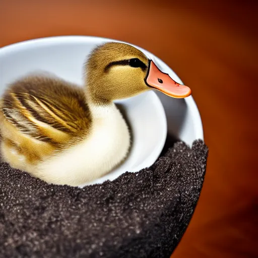 Prompt: cute duckling swimming in a small bowl of water, photography, minimalistic, 8 k