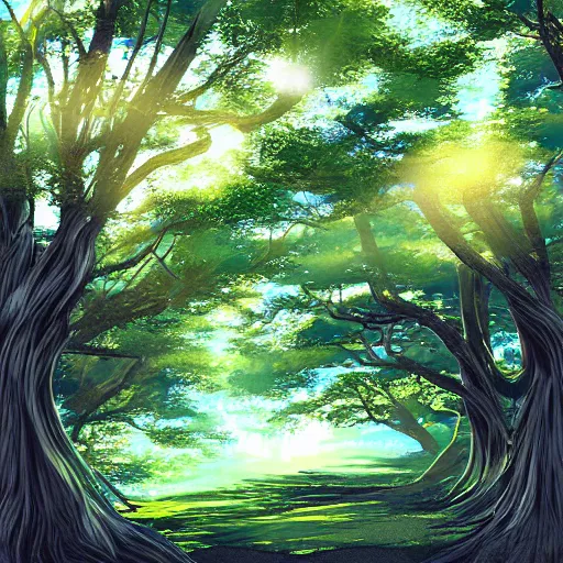 Image similar to a japanese forest, sunny, digital art