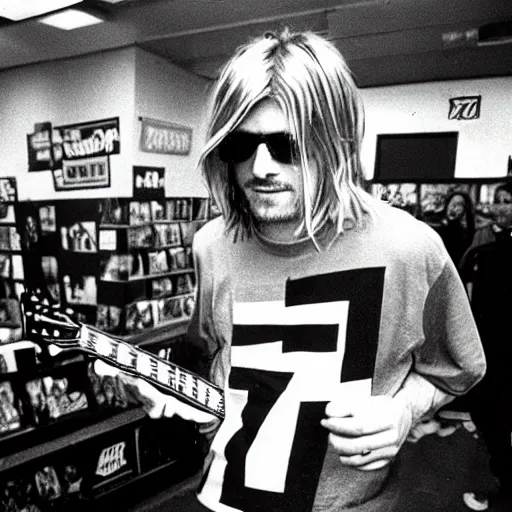 Prompt: kurt cobain smashing foo fighters cds at tower records in 1 9 9 6