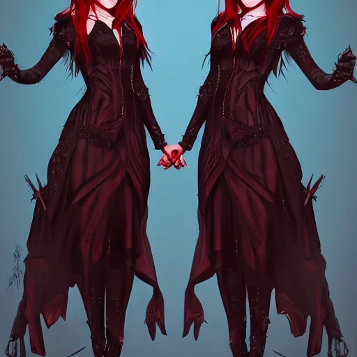 Image similar to twins wearing a gothic dress, full body shot, red hair, highly detailed, digital painting, artstation, concept art, smooth, sharp focus, illustration