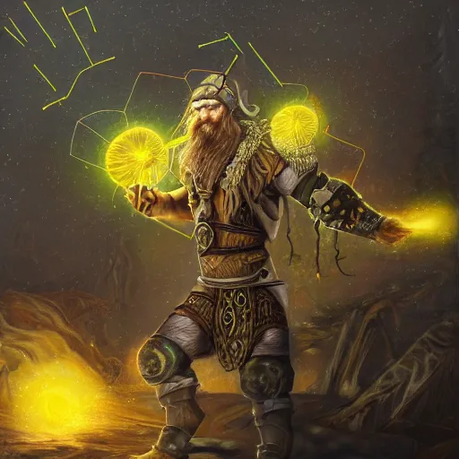 Image similar to mythological viking Shaman of artificial intelligence creating an artificial neural network with yellow synapses on an anvil, high resolution, award winning art, trending on art station, sharp image, incredibly detailed, detailed character realistic painting