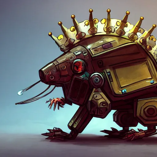 Image similar to Rat kind mecha, sci-fi, mecha, Rat with crown, rat king, a rat wearing a crown, trending on artstation, 8K, concept art, HD, detailed, gloating