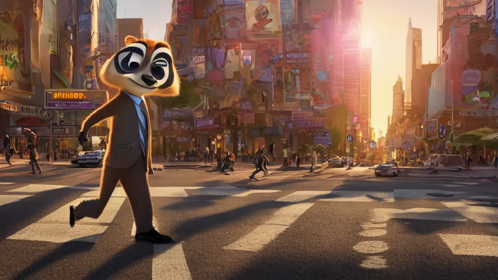 Image similar to An anthropomorphic raccoon businessman is walking down a busy crosswalk at sunset, warm lighting with an orange glow blanketing the cityscape, zootopia, other anthropomorphic characters are walking by him, extremely detailed, HDR, sideview, dramatic