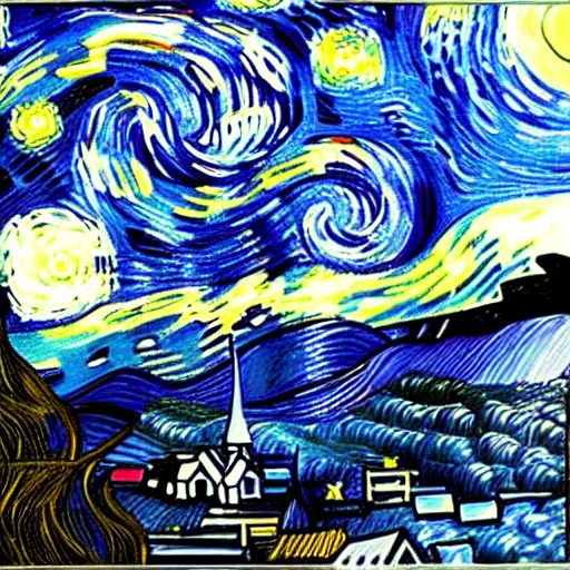 Image similar to Starry night vii poster but the black is white and the dark blue is light, deep detailed