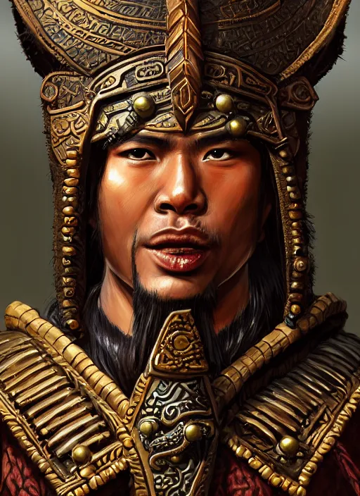 Prompt: tai warlord, closeup portrait, historical, ethnic group, traditional costume, bronze thai 👑, leather shoulder armor, fantasy, intricate, with dong son bronze artifacts, beads cross onbare chest, elegant, loin cloth, highly detailed, oill painting, artstation, concept art, matte, sharp focus, illustration, hearthstone, art by earl norem