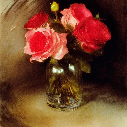 Image similar to red roses in a crystal vase, water paint, watercolor blooms, jmw turner, john singer sargent