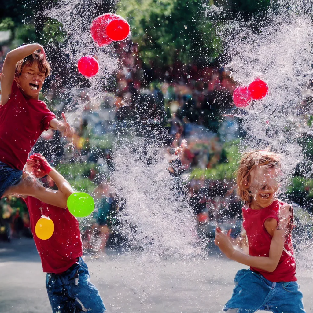 Prompt: close up photo of a young person being hit in the face by a water balloon, ultra fast shutter, 25mm sigma, kodachrome