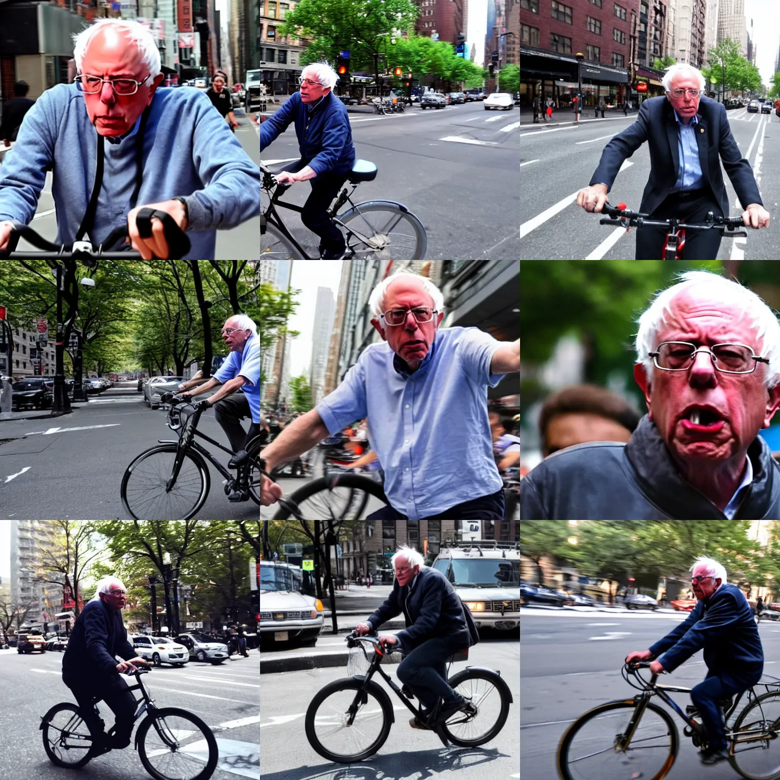 Prompt: selfie of angry bernie sanders riding bicycle in nyc