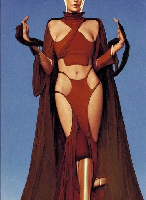 Image similar to full body and head portrait of bella hadid as gaius helen mohiam bene gesserit mother in dune 1982, by norman rockwell and jason fabok and tom lovell and frank schoonover and dean cornwell