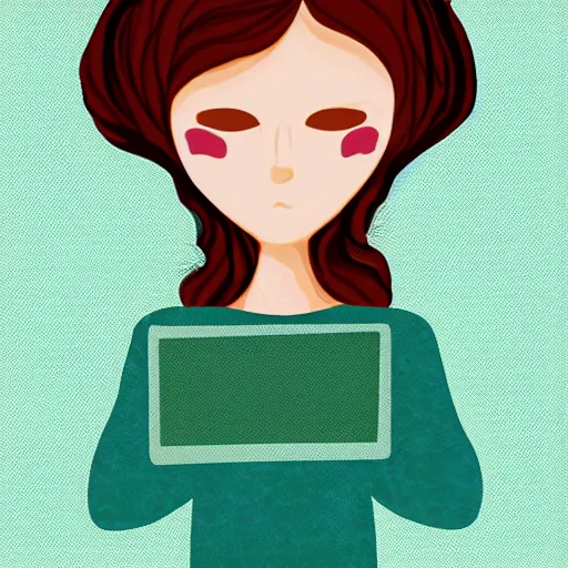 Image similar to girl in pyjamas working on computer, tired bags around eyes, digital art