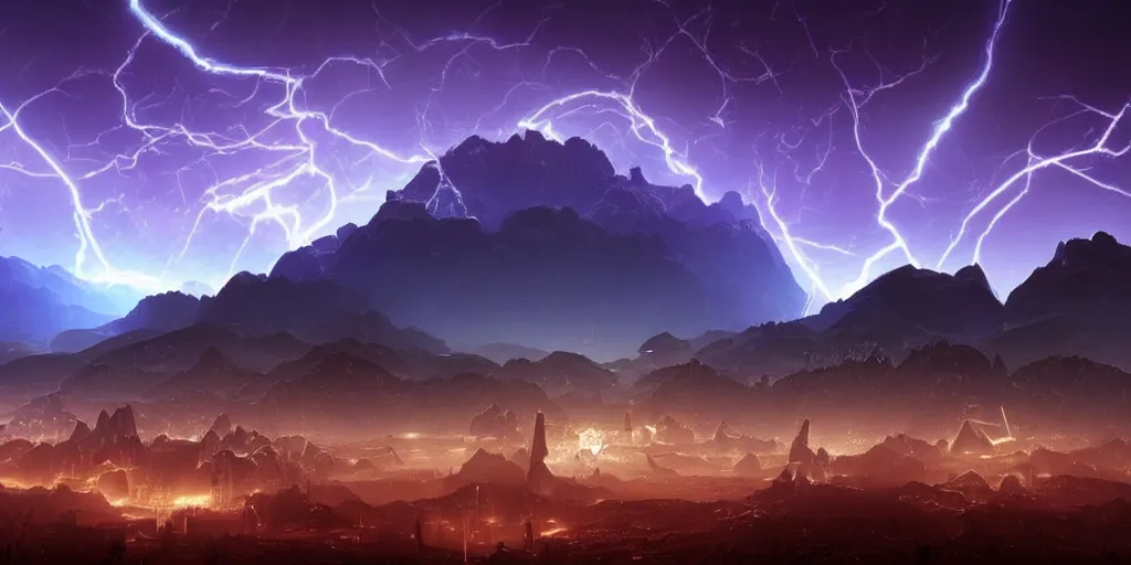 Image similar to scifi cityscape with mountains in the background and planets in the sky, beautiful, volumetric lightning