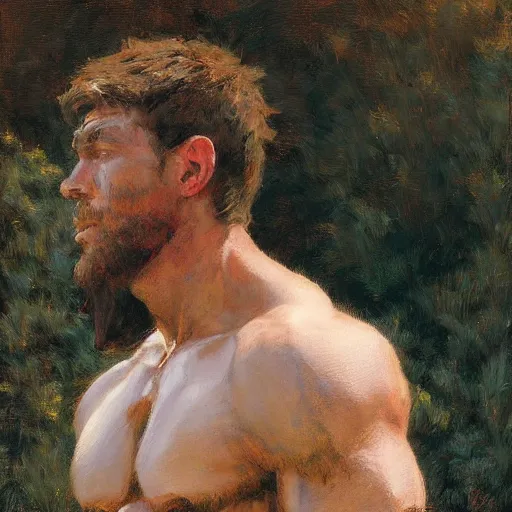 Image similar to man by the river, muscular, detailed face, correct face, painting by Gaston Bussiere, Craig Mullins