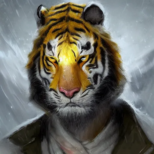 Image similar to a beautfiul award winning aesthetic commission of an antrho albino tiger wearing a yellow-black padded hooded puffer jacket,digital art,art by greg rutkowski,character design by charles bowater,ross tran,photorealistic,detailed face,hyperdetailed,western comic,2021,artstation,deviantart