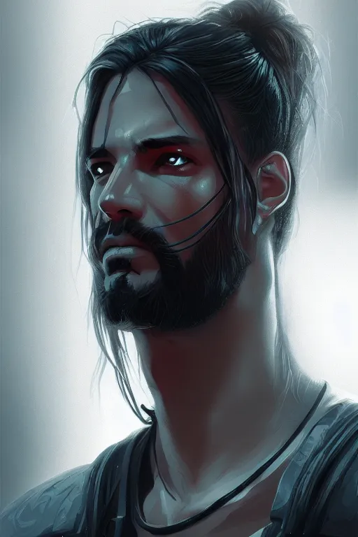 Image similar to a portrait of cyberpunk jesus, grim - lighting, high - contrast, intricate, elegant, highly detailed, digital painting, artstation, concept art, smooth, sharp focus, illustration