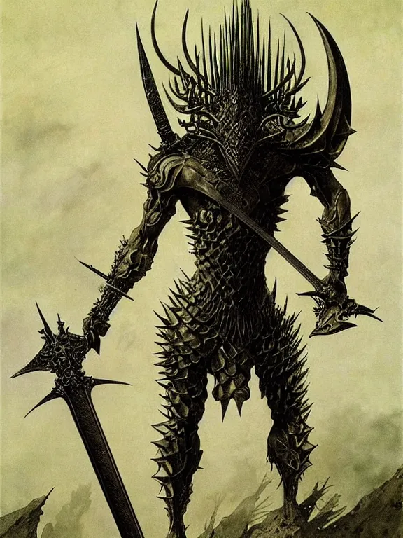 Prompt: A spiked horned semiork-semihuman with armored joints stands with sword in hand. Massive shoulderplates. Realistic, fantasy art, solo, masterpiece, art by Zdzisław Beksiński, Arthur Rackham, Dariusz Zawadzki