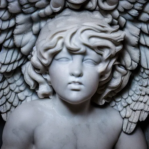 Image similar to studio photo of a marble sculpture, in the shape of an angel. baroque details. museum. close up photo. bokeh. photorealistic, ultra detailed.