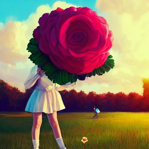 Image similar to portrait, giant rose flower head, girl dancing in a suit, surreal photography, sunrise, blue sky, dramatic light, impressionist painting, digital painting, artstation, simon stalenhag