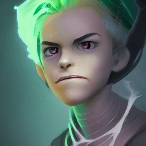 Prompt: A digital matte intricate illustration concept art of young Danny phantom with snow white hair and glowing green eyes and razor sharp canine fangs bearing teeth alt art fashion inspired art by Charlie Bowater and WLOP and Mark Arian and Ross Tran + neon colors, symmetry , intricate complexity, epic composition, magical atmosphere, highly detailed, cinematic lighting + masterpiece, trending on artstation + 8k