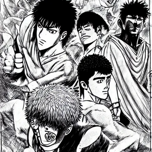 Prompt: hajime no ippo drawn in berserk format, by kentaro miura