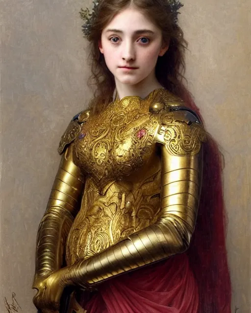 Image similar to a 16-year old girl who resembles Ana de Armas and Saoirse Ronan, dressed in ornate, detailed, intricate golden armor, detailed oil painting by William Adolphe Bouguereau and Donato Giancola