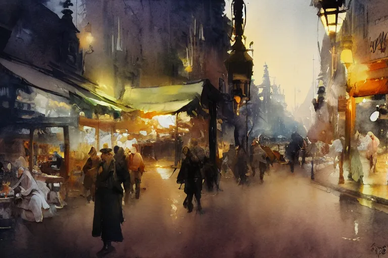 Prompt: small centered on watercolor paper, paint brush strokes, abstract watercolor painting of ancient velvet market, cinematic light, national romanticism by hans dahl, by jesper ejsing, by anders zorn, by greg rutkowski, by greg manchess, by tyler edlin