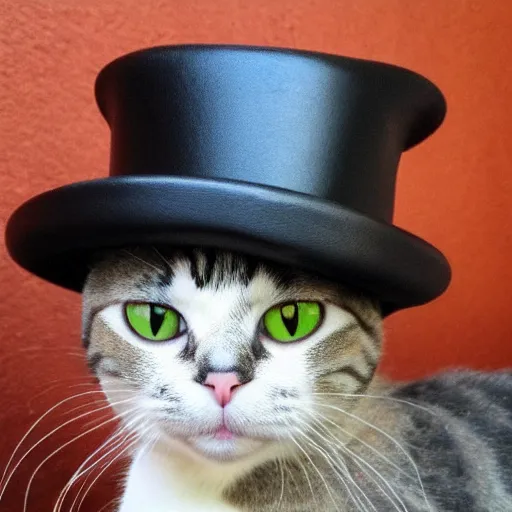 Image similar to a cat wearing a black leather hat, frontal view, cool looking