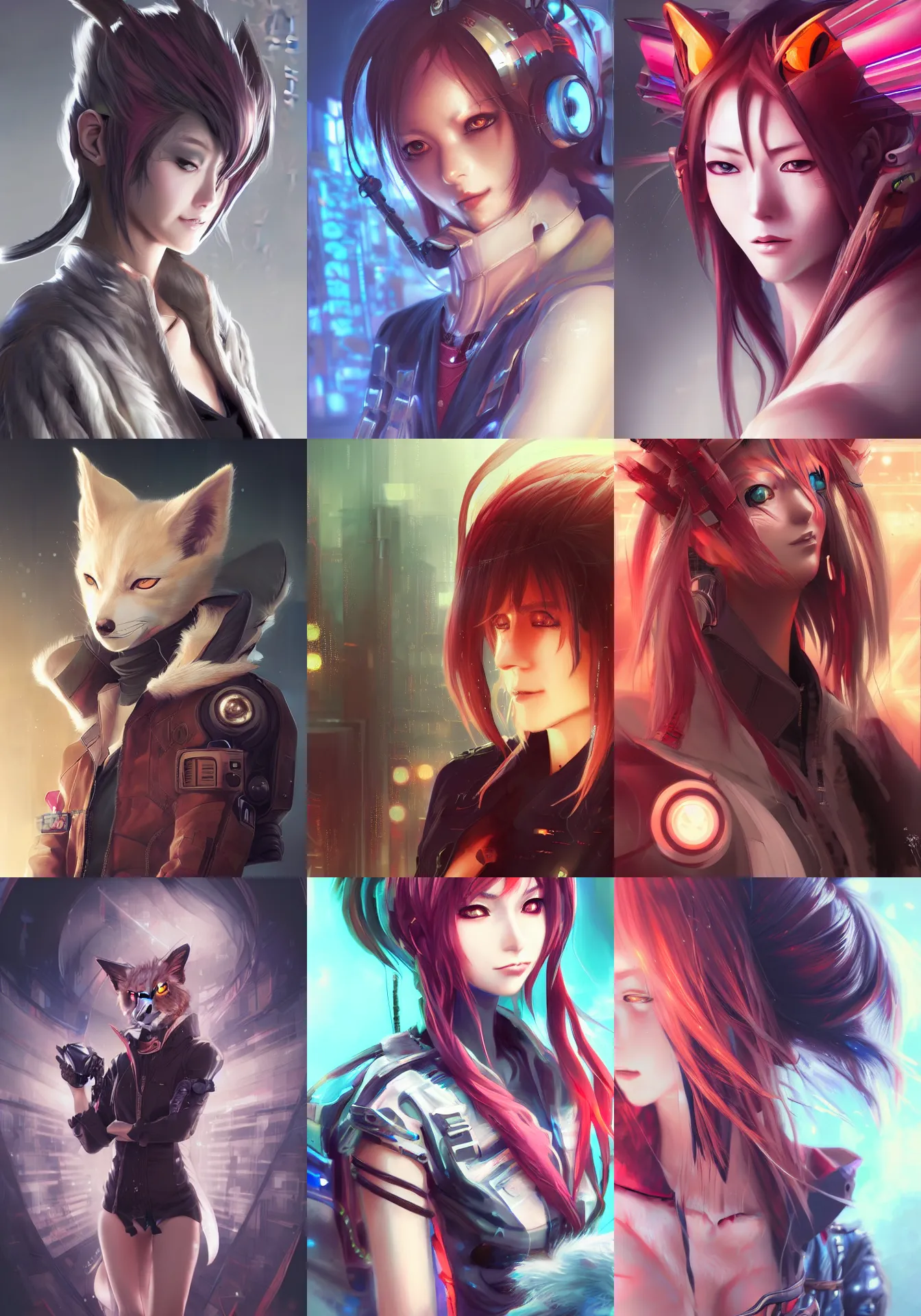 Prompt: A realistic anime portrait of a cyberpunk Kitsune, by Stanley Artgerm Lau, Sakimichan, WLOP and Rossdraws, digtial painting, illustration, trending on ArtStation
