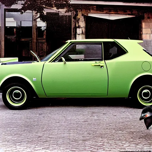 Image similar to A photograph of an AMC Gremlin with gull-wing doors.