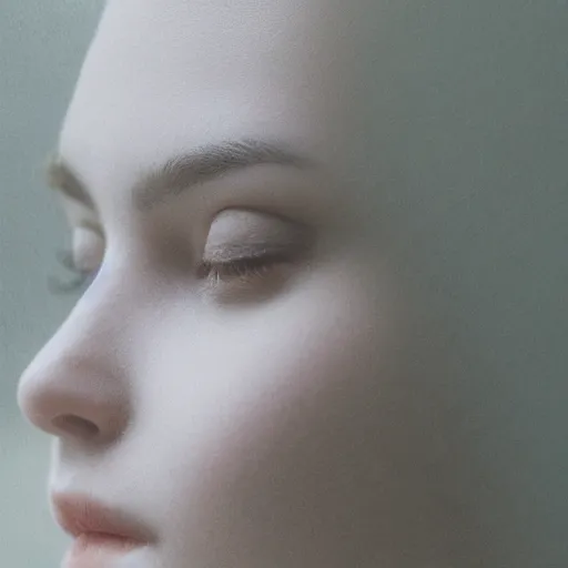 Image similar to photorealistic portrait of a beautiful young woman, very blurry, out of focus, translucent stone white skin, closed eyes, foggy, closeup