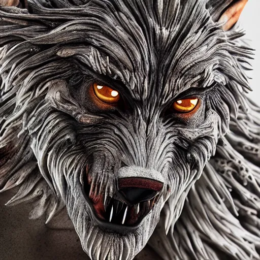 Prompt: photo taken of an epic intricate, ultra detailed, super realistic gritty, terrifying, lifelike bust sculpture of a werewolf creature design, created by weta workshop, zoomed in shots, photorealistic, sharp focus, white wall coloured workshop, cold colour temperture, f 0. 4, face centred