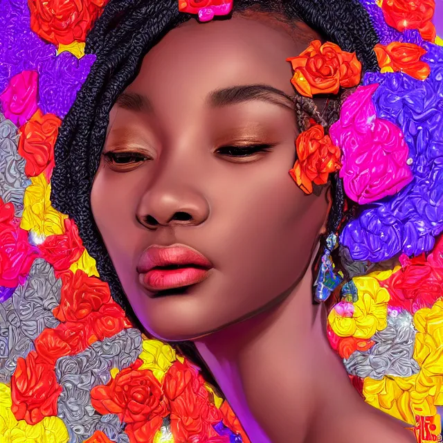 Image similar to studio portrait absurdly beautiful, elegant, lovely, young hypercolorful sensual african idol rubies red petals gems, ultrafine hyperrealistic detailed face illustration by kim jung gi, irakli nadar, intricate linework, sharp focus, bright colors, matte, octopath traveler, final fantasy, unreal engine highly rendered, global illumination, radiant light, intricate rainbow environment