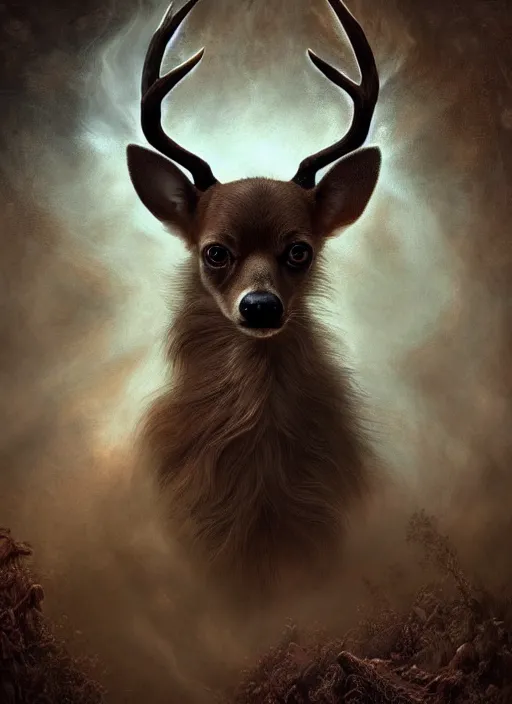 Image similar to deer chihuahua huge ominous glowing brown eyes staring into my soul, perfect eyes, soft pale golden skin, intricate stunning highly detailed, Agostino Arrivabene, Tomasz Strzalkowski, twisted bright lucid dream, 8k portrait render, angel wings, swirling thick smoke , beautiful lighting, dark fantasy art, cgsociety