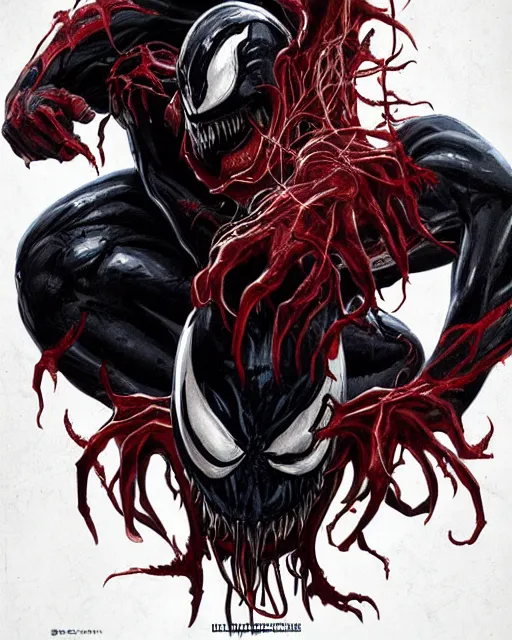 Prompt: movie poster of venom and carnage, cinematic feel, in the style of artgerm and greg rutkowski and tooth wu and wlop