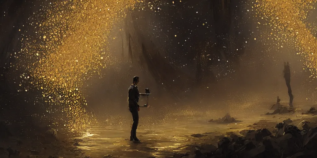 Image similar to swarm of iridescent golden bubbles surrounding a man, by greg rutkowski